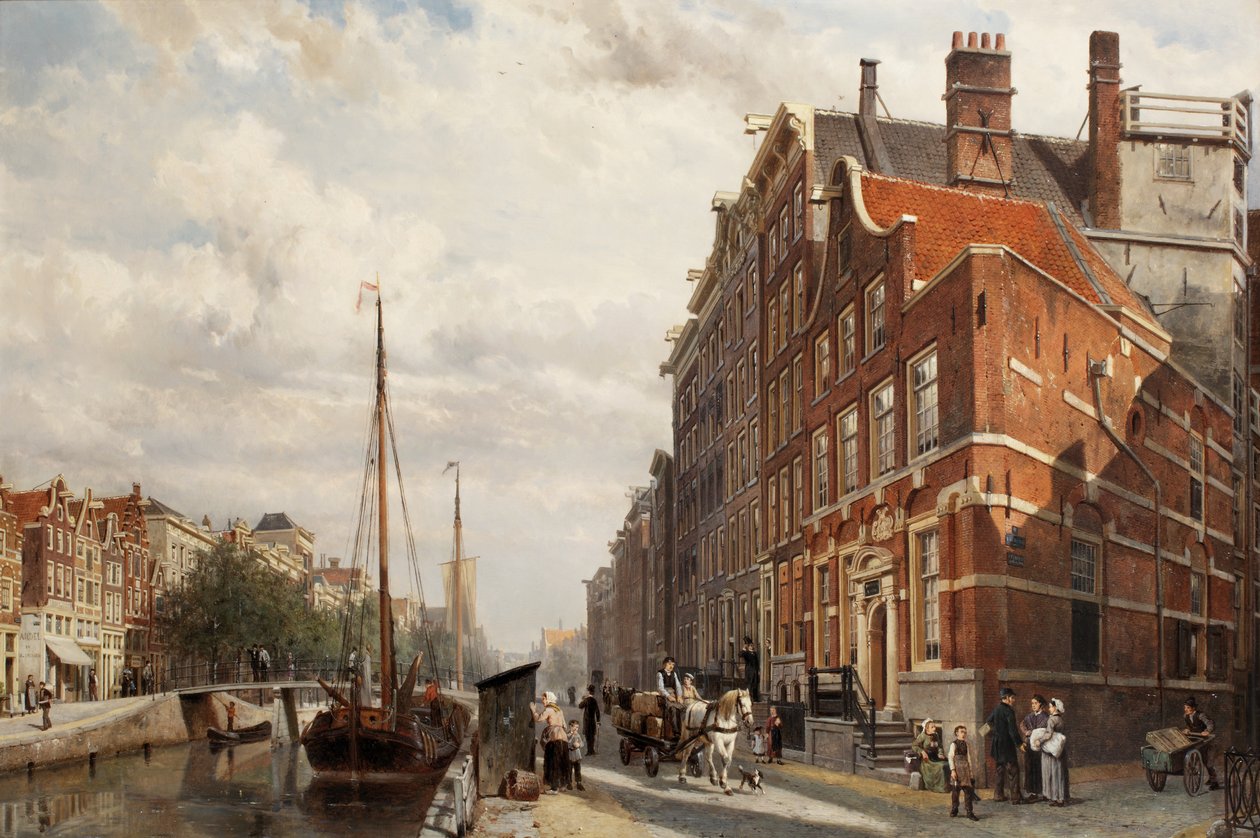 Udsigt over Makelaers Comptoir på Nieuwezijds Voorburgwal, Amsterdam, 1883 af Cornelis Springer