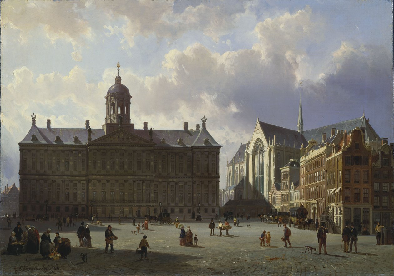 Dam-pladsen med det kongelige palads, Amsterdam, 1855 af Cornelis Springer