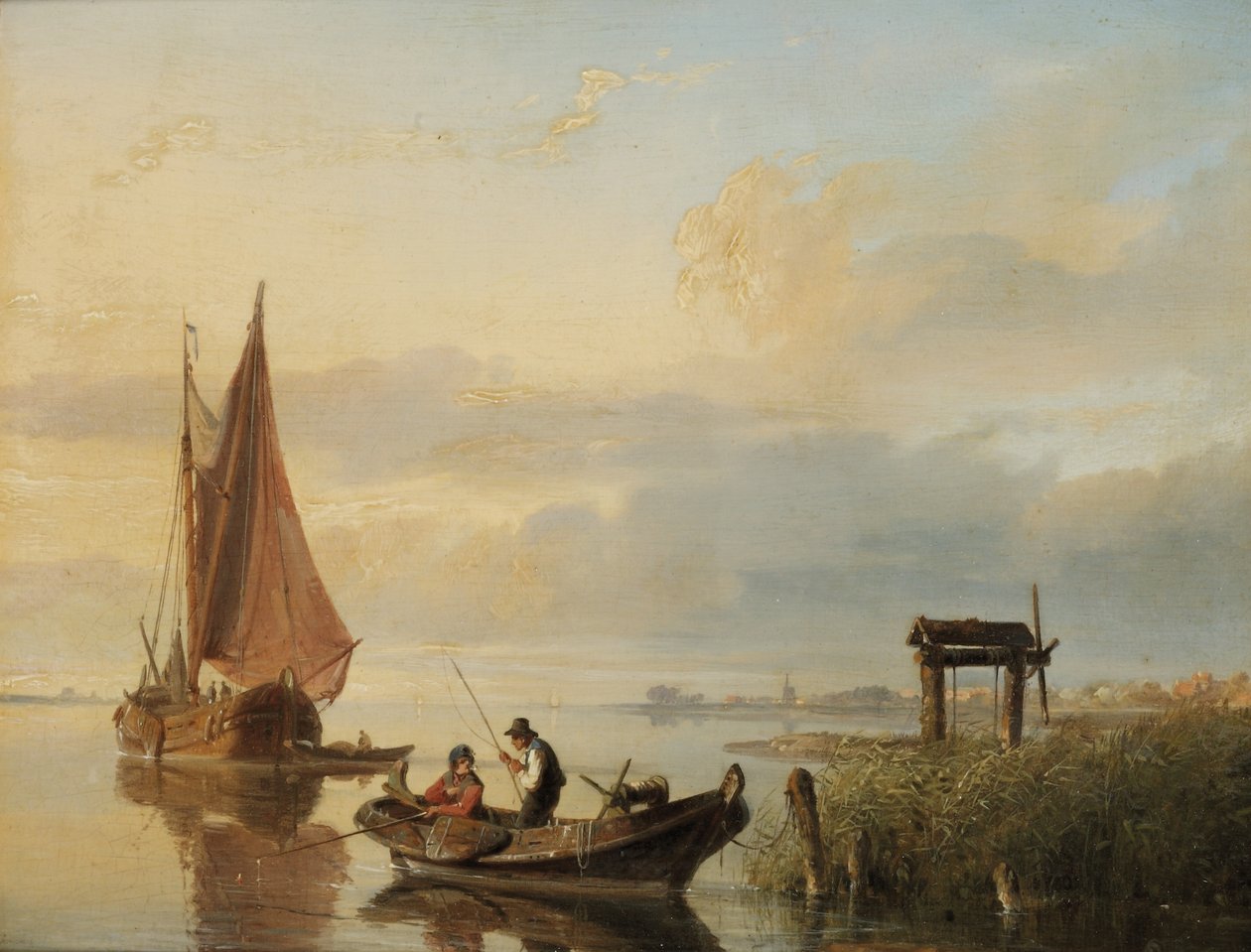 Fiskefartøjer ved solnedgang af Cornelis Springer