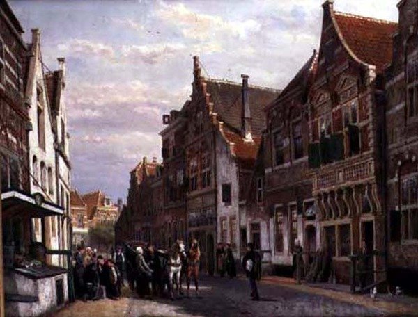 Oudewater (olie på lærred) af Cornelius Springer
