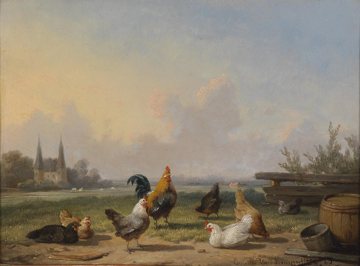 Høns foran et bredt landskab af Cornelius Van Leemputten