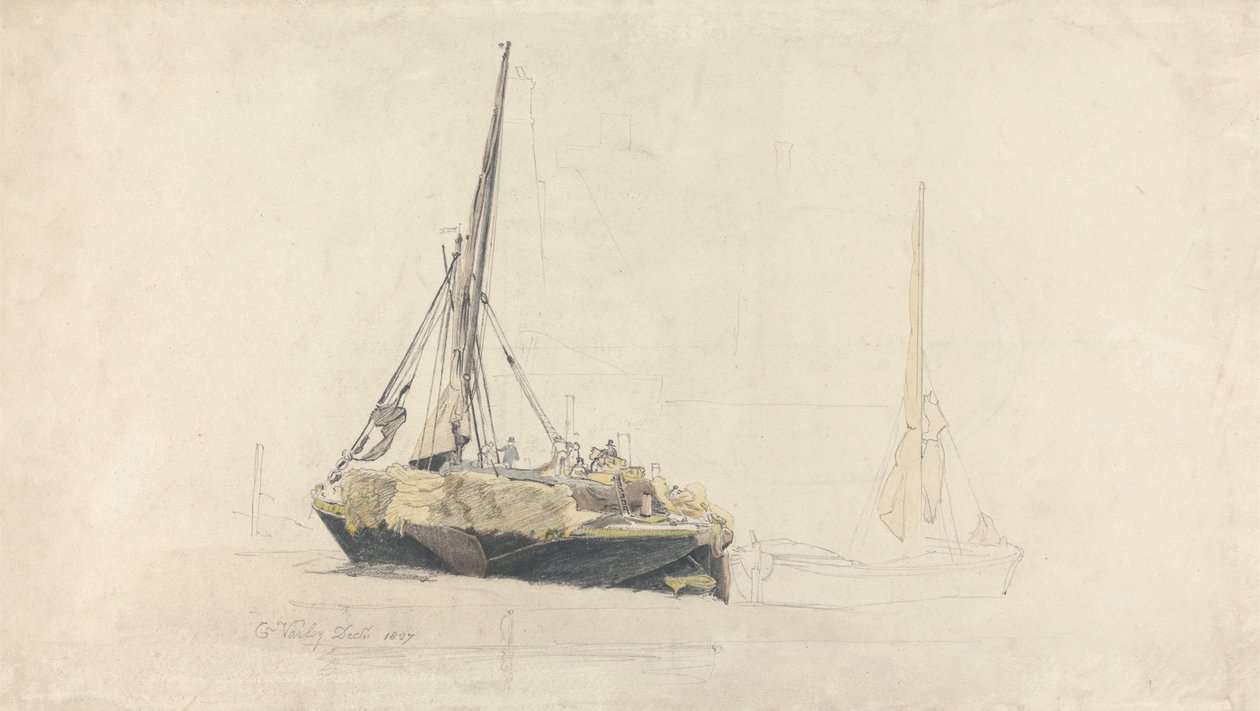 En sejlpram bliver lastet med hø, december 1827 af Cornelius Varley