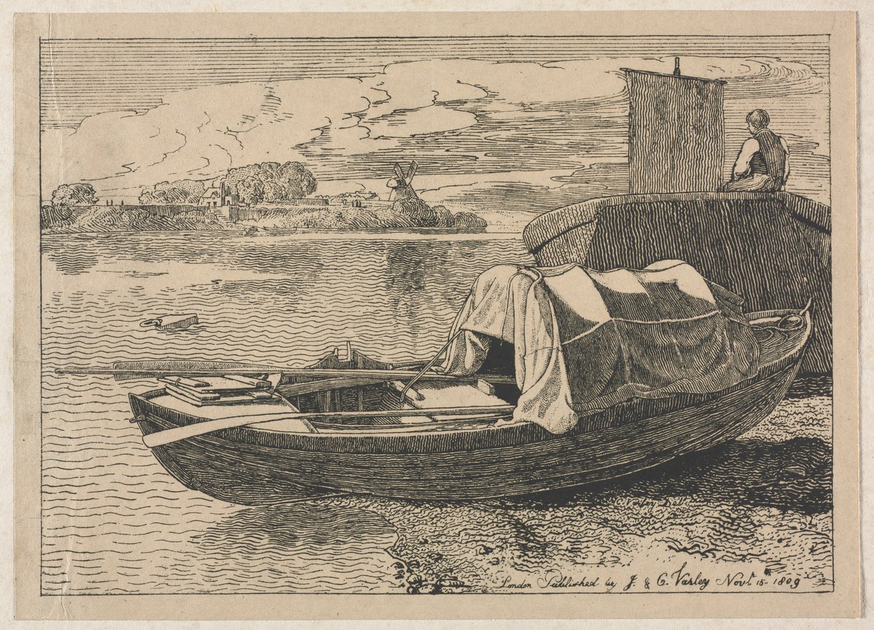 Både på en flod, vindmølle i afstand, 1809. af Cornelius Varley