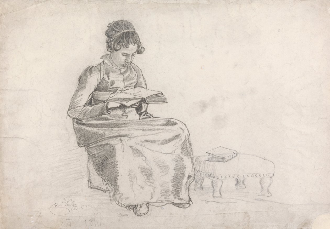 Pige læser en bog af Cornelius Varley
