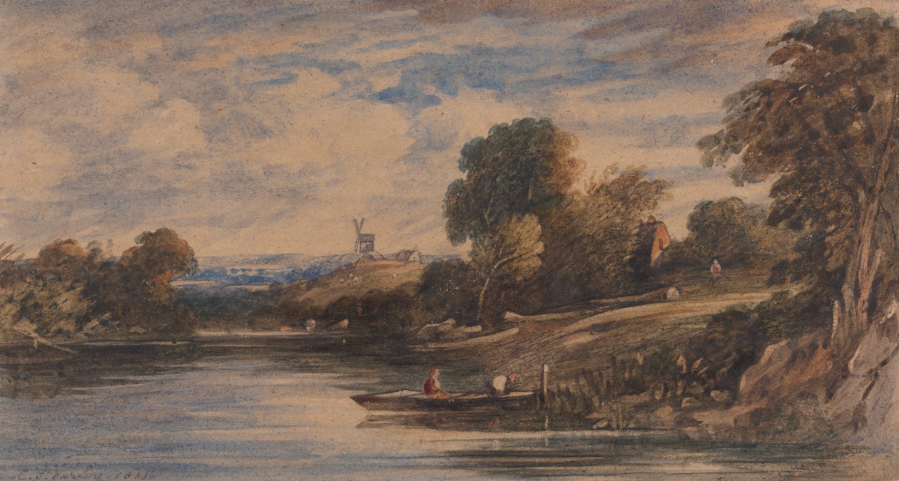 Landskab med vindmølle af Cornelius Varley