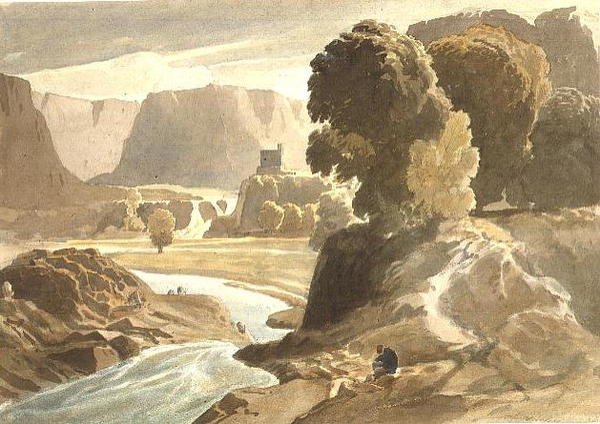 PD.4-1967 Bjerglandskab med et slot (muligvis en udsigt i Wales), ca. 1802-3 (akvarel og blyant på papir) af Cornelius Varley