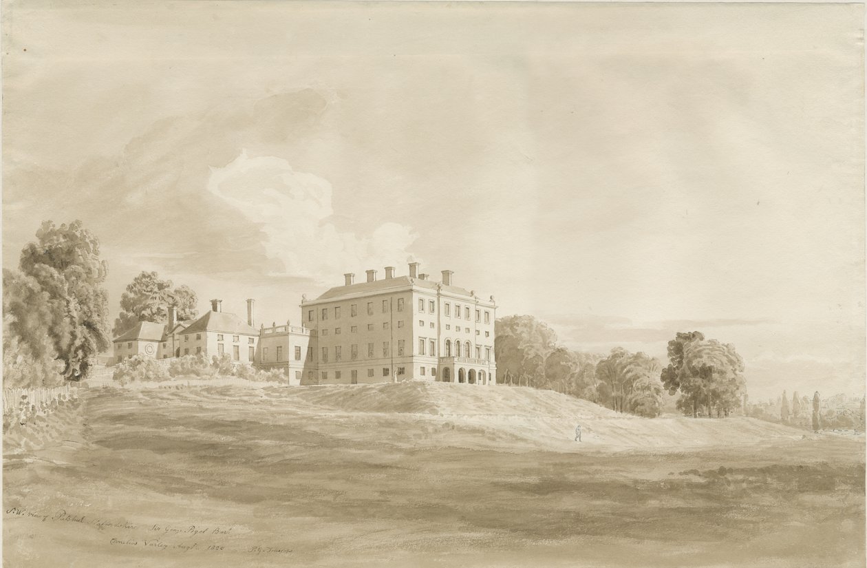 Patshull House: sepia vask tegning, august 1820 af Cornelius Varley