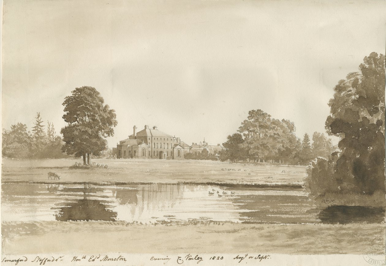 Somerford Hall: sepia tegning af Cornelius Varley