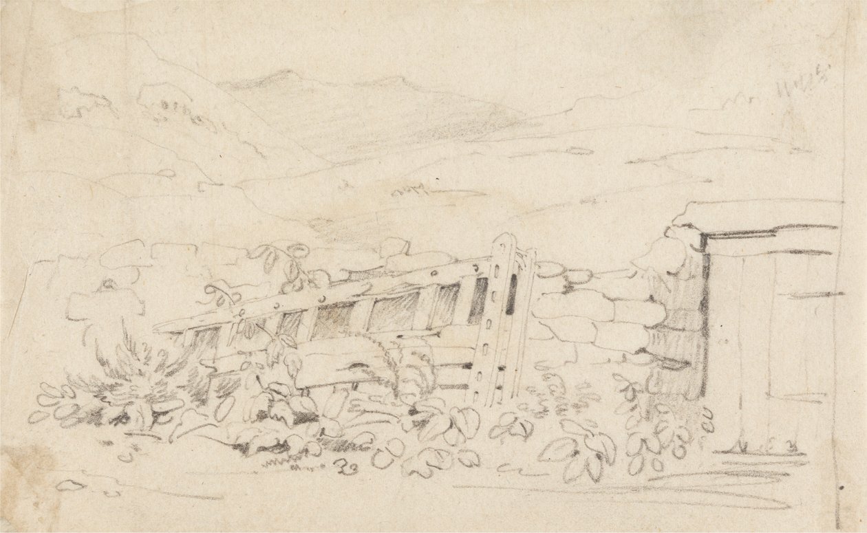Studie af en stenmur og en port af Cornelius Varley