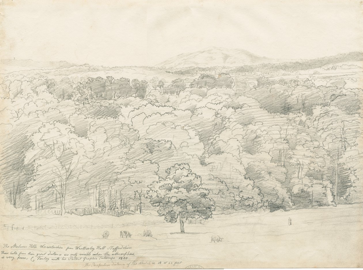 Wrottesley Hall - View of Malvern Hills: pencil drawing, 1820dani af Cornelius Varley