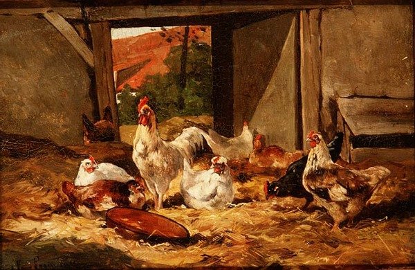 Kyllinger i en lade (en af et par) af Cornelius van Leeputten