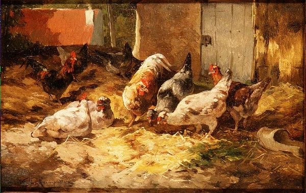 Kyllinger i en lade (en af et par) af Cornelius van Leeputten