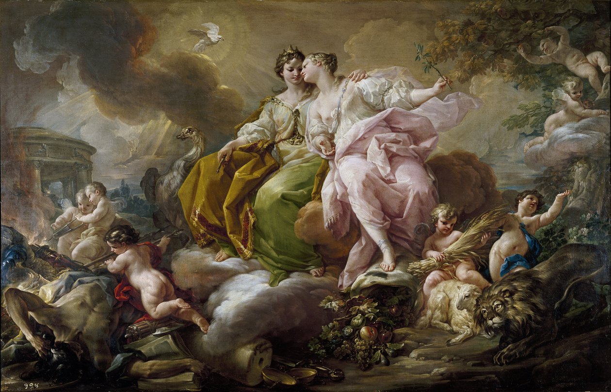 Retfærdighed og fred - Maleri af Corrado Giaquinto (1703-1766) - ca. 1754 - Olie på lærred - 216x325 cm - Rokokokunst - Museo del Prado, Madrid af Corrado Giacquinto