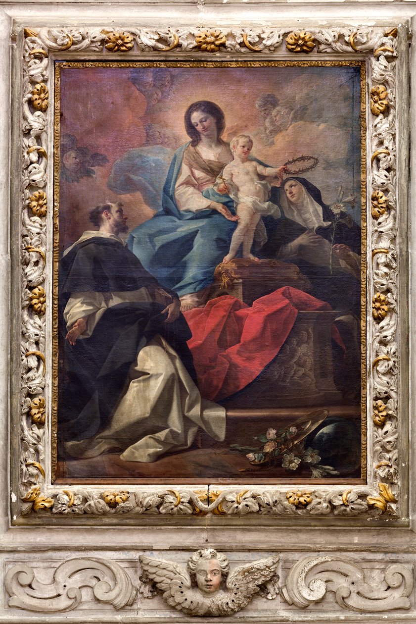 SS Salvatore-kirken, interiør, Rosenkransalteret, Vor Frue af Rosenkransen, lærred af Corrado Giaquinto (1703-1766), Poggiardo, Lecce, Puglia (foto) af Corrado Giaquinto