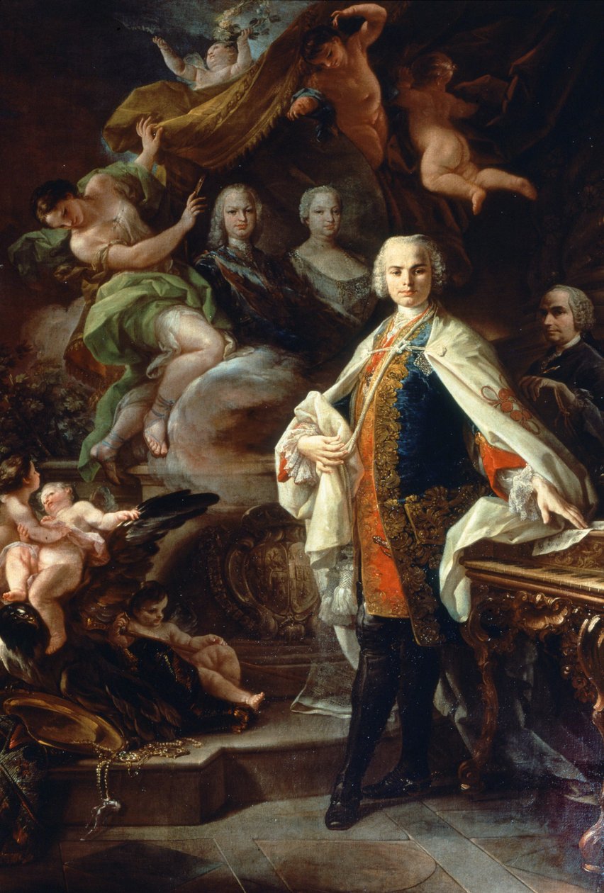 Den italienske kastrat Carlo Farinelli (Carlo Broschi, dit; 1705 - 1782), ved Filip II af Spaniens hof, iført den hvide frakke af Calatrava-ordenen. Maleri af Corrado Giaquinto (1703-1766), Civic Museum of Bibliographic Music, Bologna. af Corrado Giaquinto