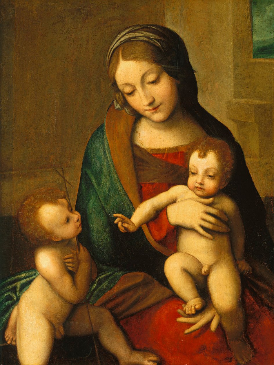Madonna og barn med spædbarnet Saint John, ca. 1510 af Antonio da Correggio