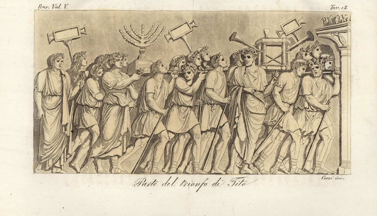 Romerske soldater marcherer i procession med krigsbytte eller spolia på Arch for Titus, triumfbuen, der fejrer kejser Titus