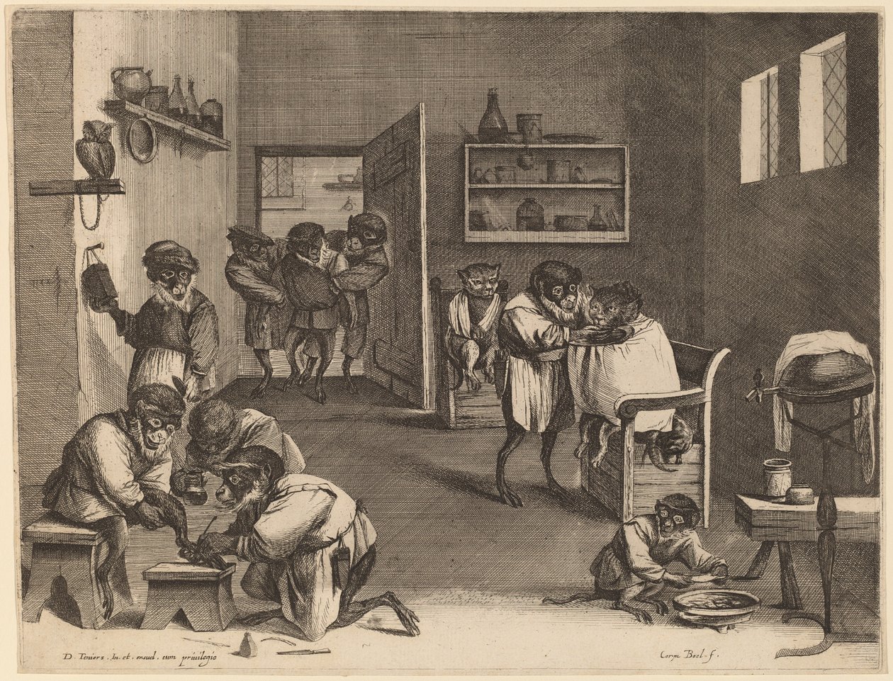 Abernes frisørbutik af Coryn Boel after David Teniers the Younger