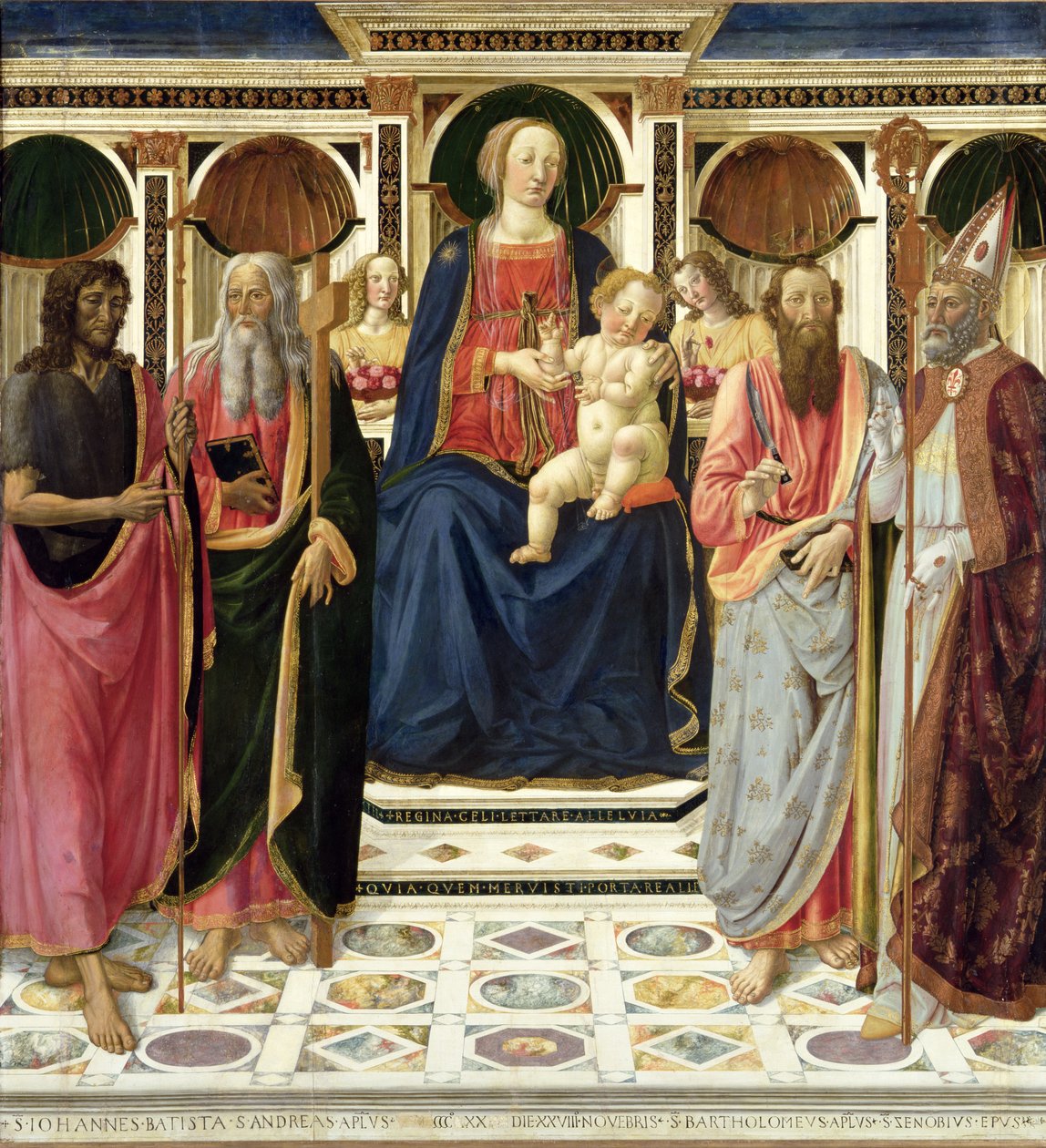 Jomfru og Barn med SS. Johannes Døberen, Andreas, Bartolomæus og Zenobius, ca. 1478 (tempera med guld på panel) af Cosimo Rosselli