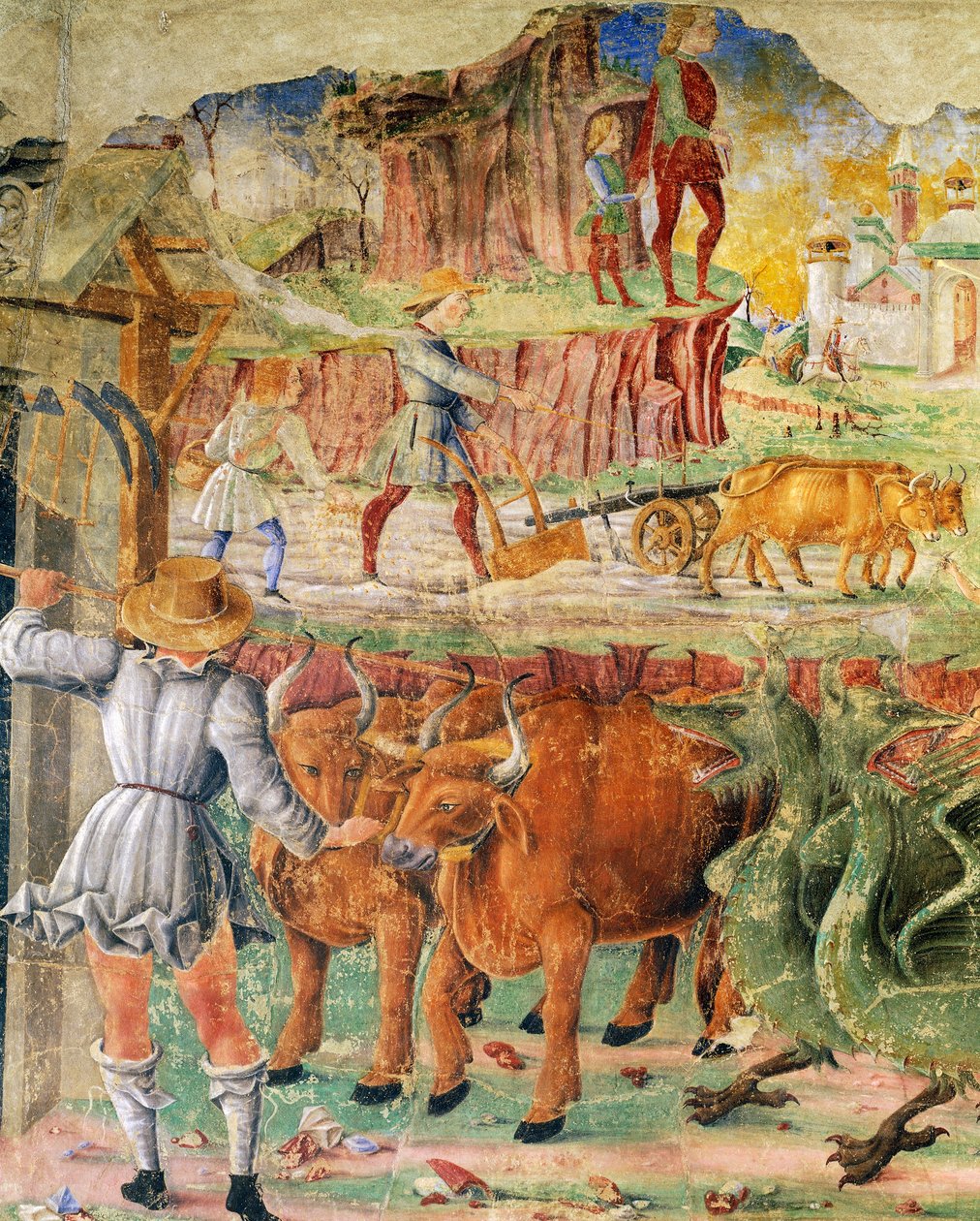 Landbrugsbillede, detalje fra Triumf af Ceres, scene fra august måned, ca. 1470, tilskrevet Cosimo Tura og Mester af Ercole, fresco, nordvæg, Månedens Hall, Palazzo Schifanoia (Glædens Palads), Ferrara, Emilia- Romagna. Italien af Cosimo (attr. to) Tura