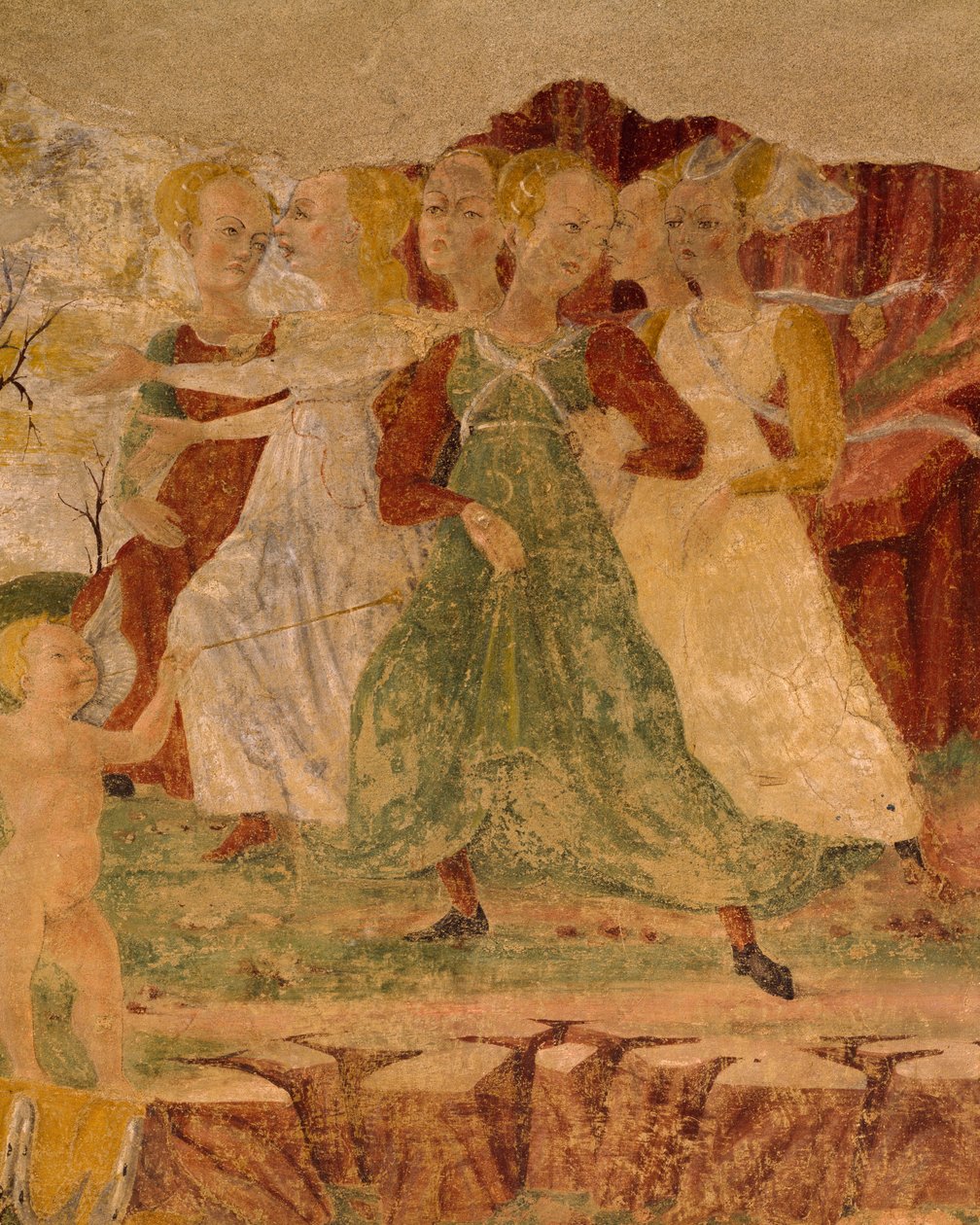 Desperation af tjenestepiger af Proserpine, detaljer fra Triumph of Ceres, scene fra august måned, tilskrevet Cosimo Tura og Mester af Ercole, fresco, nordvæg, Hall of Months, Palazzo Schifanoia (Glædens Palads), Ferrara, Italien, omkring 1470 af Cosimo (attr. to) Tura