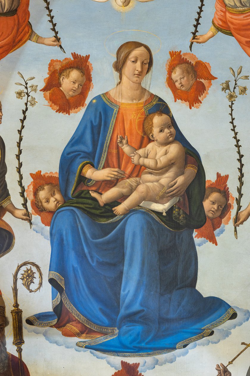 Madonna med barn i herlighed, Sankt Ambrosius, Sankt Frans af Assisi, Gud Faderen og englenes, Altertavle, detaljer (fresko) af Cosimo Rosselli