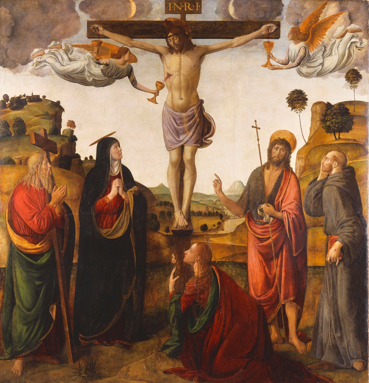 Korsfæstelsen med Madonnaen, de hellige Johannes Døberen, Maria Magdalena, Andreas og Frans, 1503 af Cosimo Rosselli