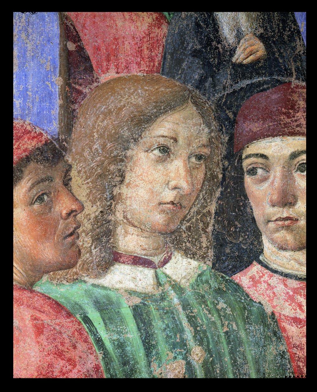 Biskoppens procession foran kirken S. Ambrogio, detalje af Poliziano 1454-94 Pico della Mirandola 1463-94 og Marsilio Ficino 1433-99 1468 fresco af Cosimo Rosselli
