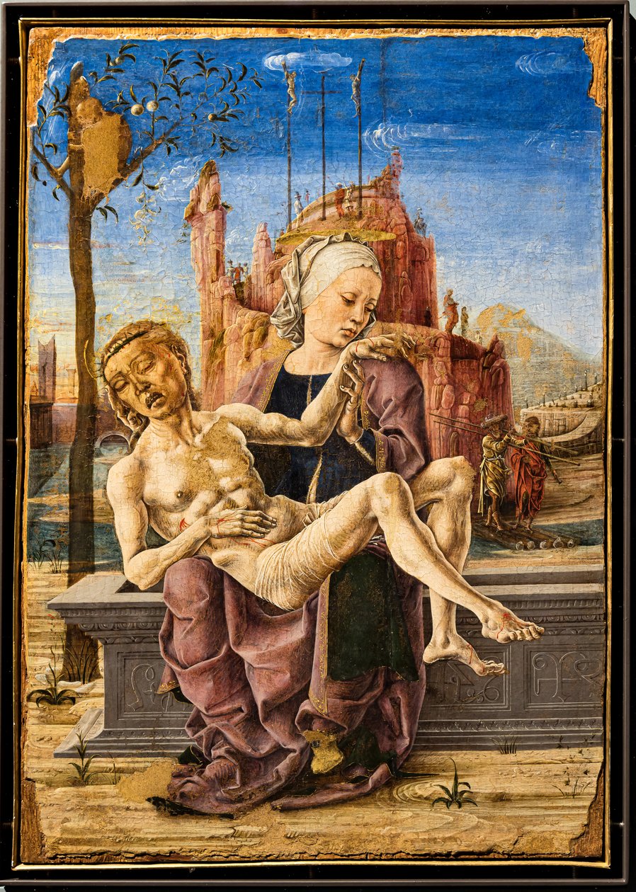 Klagesang, af Cosmé Tura, ca. 1460. I den øverste venstre del af maleriet ses en abe, der klamrer sig til grenene af et æbletræ. Det er en hentydning til det gode og det ondes træ og til Djævelens fristelse i det jordiske paradis. af Cosimo Tura