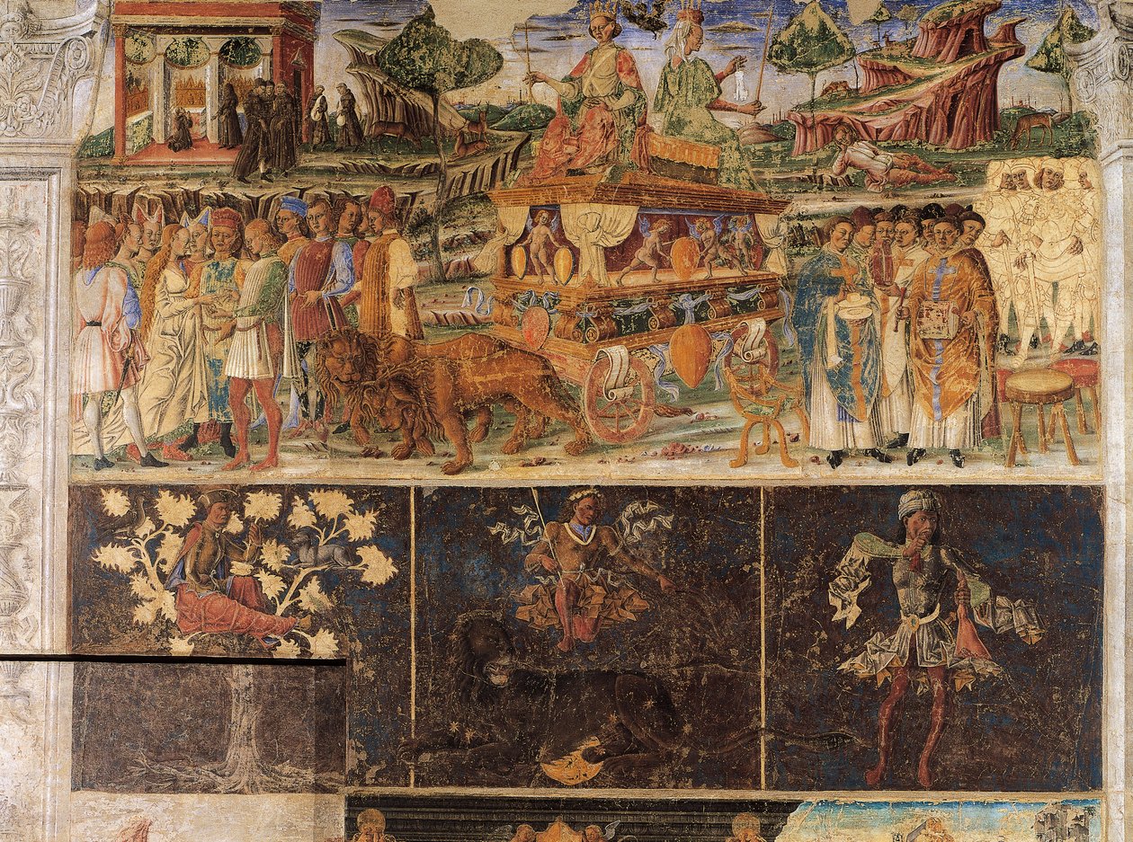 Triumf af Jupiter og Cybele og Løvens tegn, scener fra juli måned, fresco, nordvæg, Hall of Months, Palazzo Schifanoia (Glædens Palads), Ferrara, Italien, omkring 1470 af Cosimo Tura