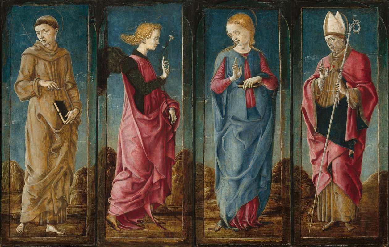 Bebudelsen med Saint Francis og Saint Louis af Toulouse [fire paneler] af Cosmè Tura