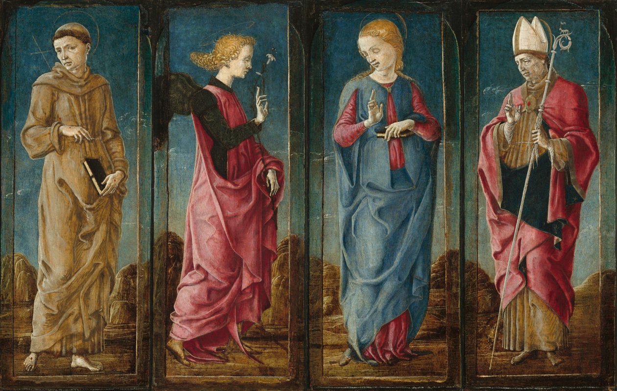 Bebudelsen med Saint Francis og Saint Louis af Toulouse [fire paneler], ca. 14701480. af Cosmè Tura