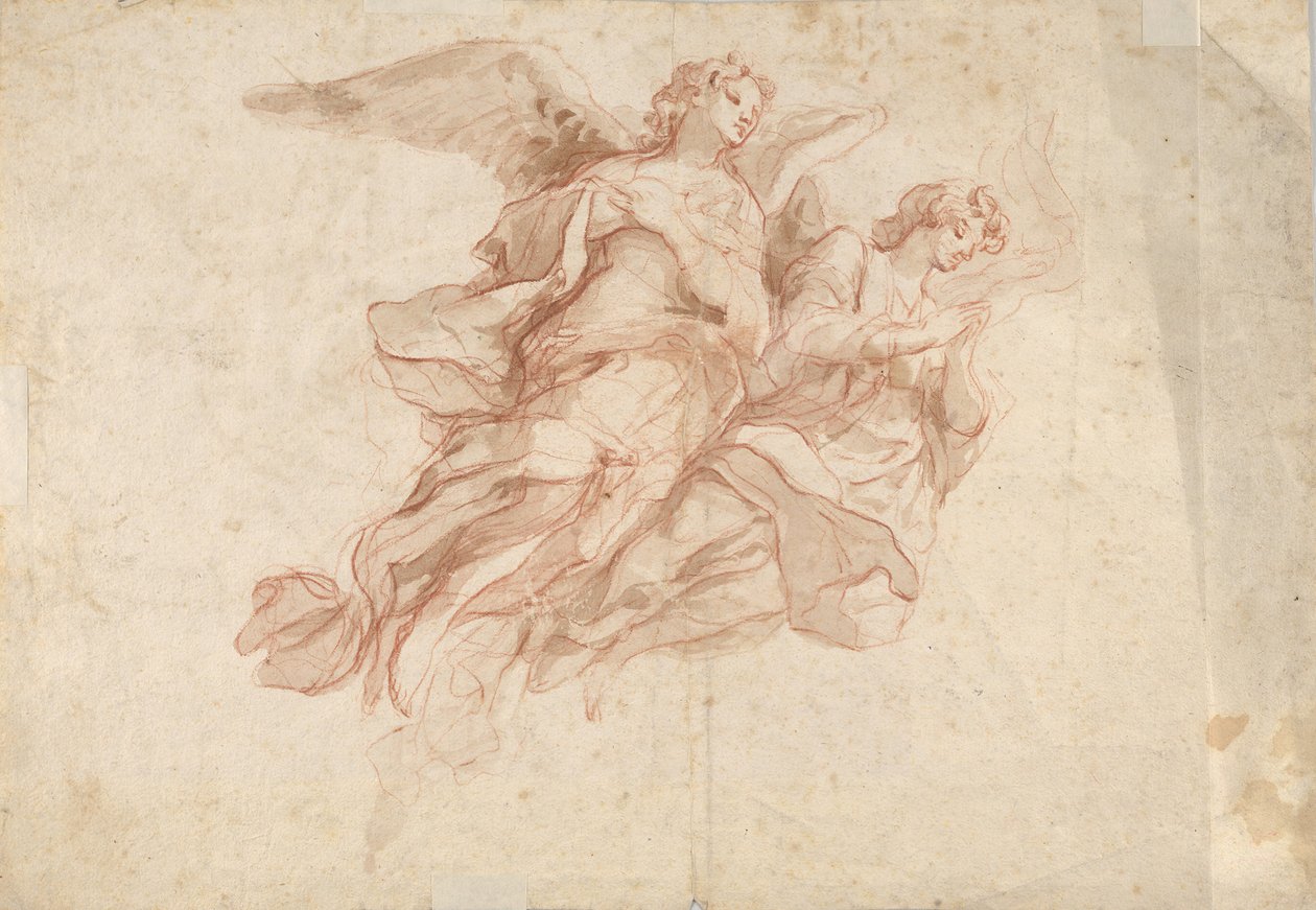 To engle, der flyver, verso: Gud Faderen, der sidder i skyerne og en skitse af en flyvende figur, c1720 af Cosmas Damian Asam
