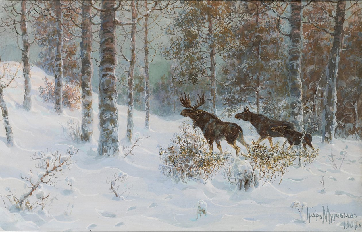 Vinterlandskab med elge, 1907 af Count Vladimir Leonidovich Muravyov