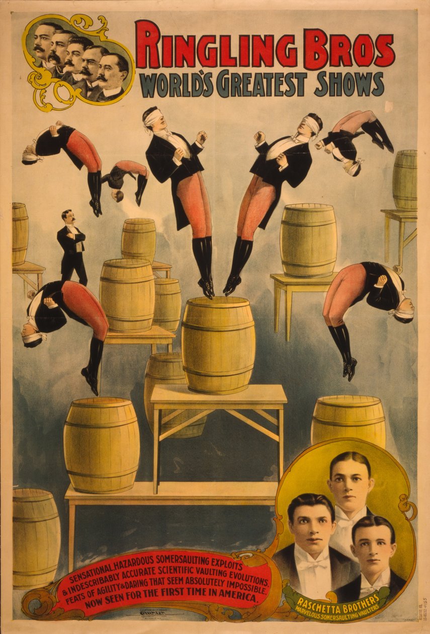 Ringling Bros, verdens største shows Raschetta-brødre, vidunderlige saltovoltere, ca. 1900 af Courier Company Lith.