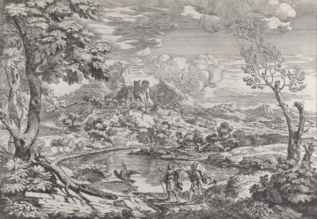 Landskab med en mand, der viser Merkur ørnen fra Jupiter, ca. 1695-99. af Crescenzio Onofri