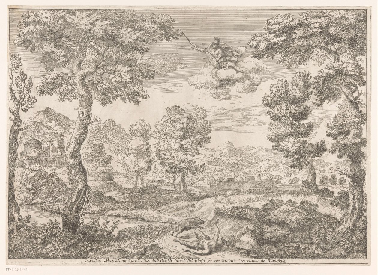 Adonis angrebet af et vildsvin Landskaber efter malerier i Palazzo Theodoli i San Vito Romano (serietitel) af Crescenzio Onofrij