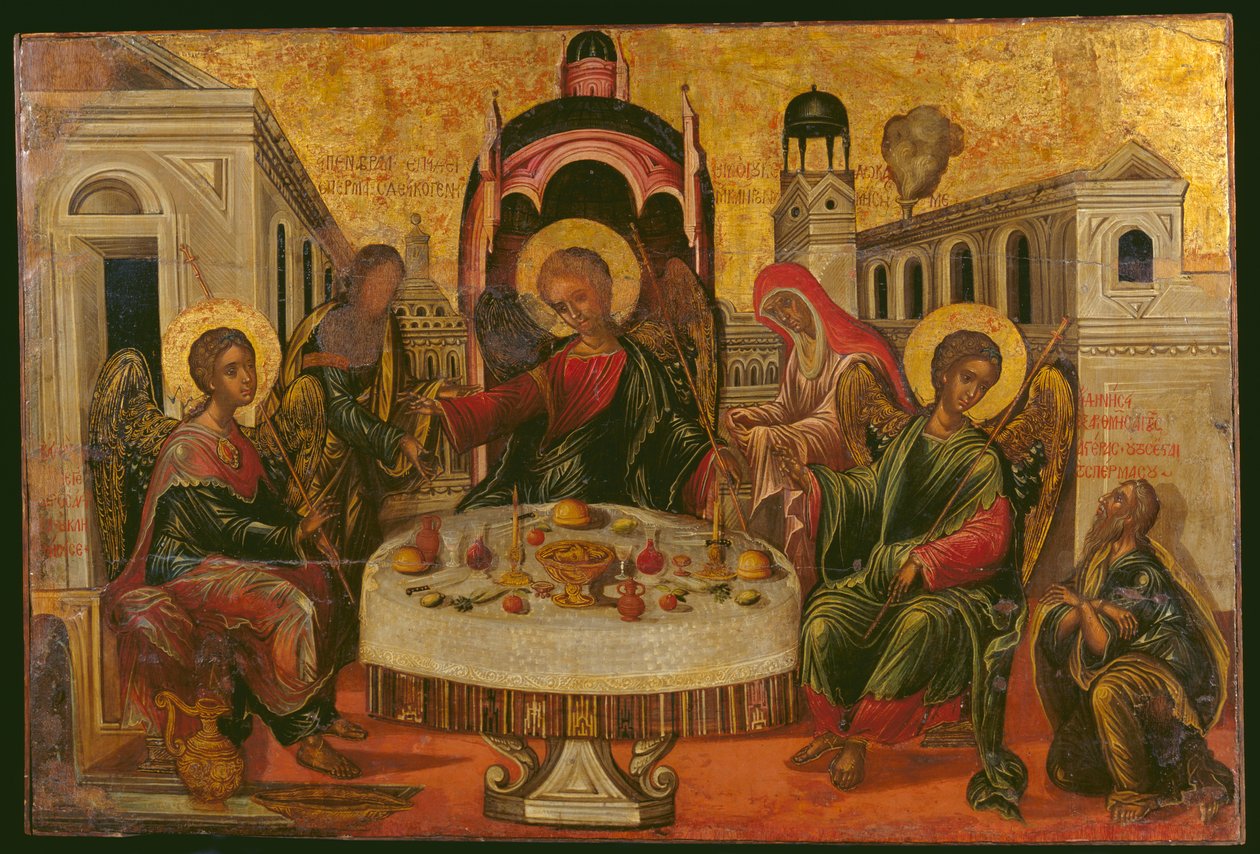 The Hospitality of Abraham and Sarah (ægtempera på panel) af Cretan School