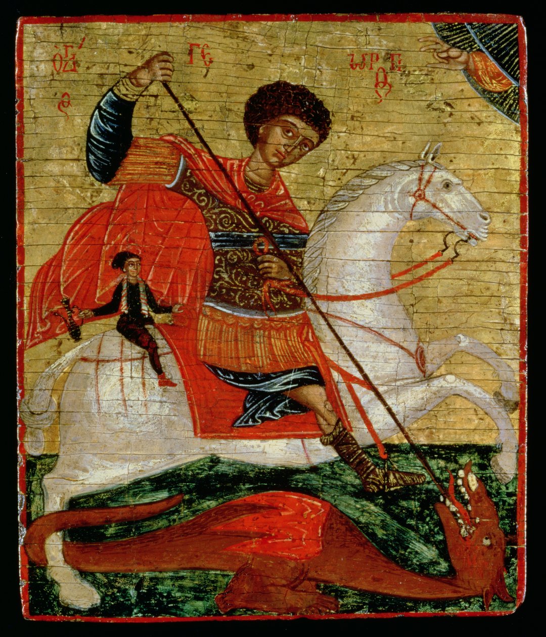 Ikon af St. George og dragen (bladguld og tempera på panel) af Cretan School