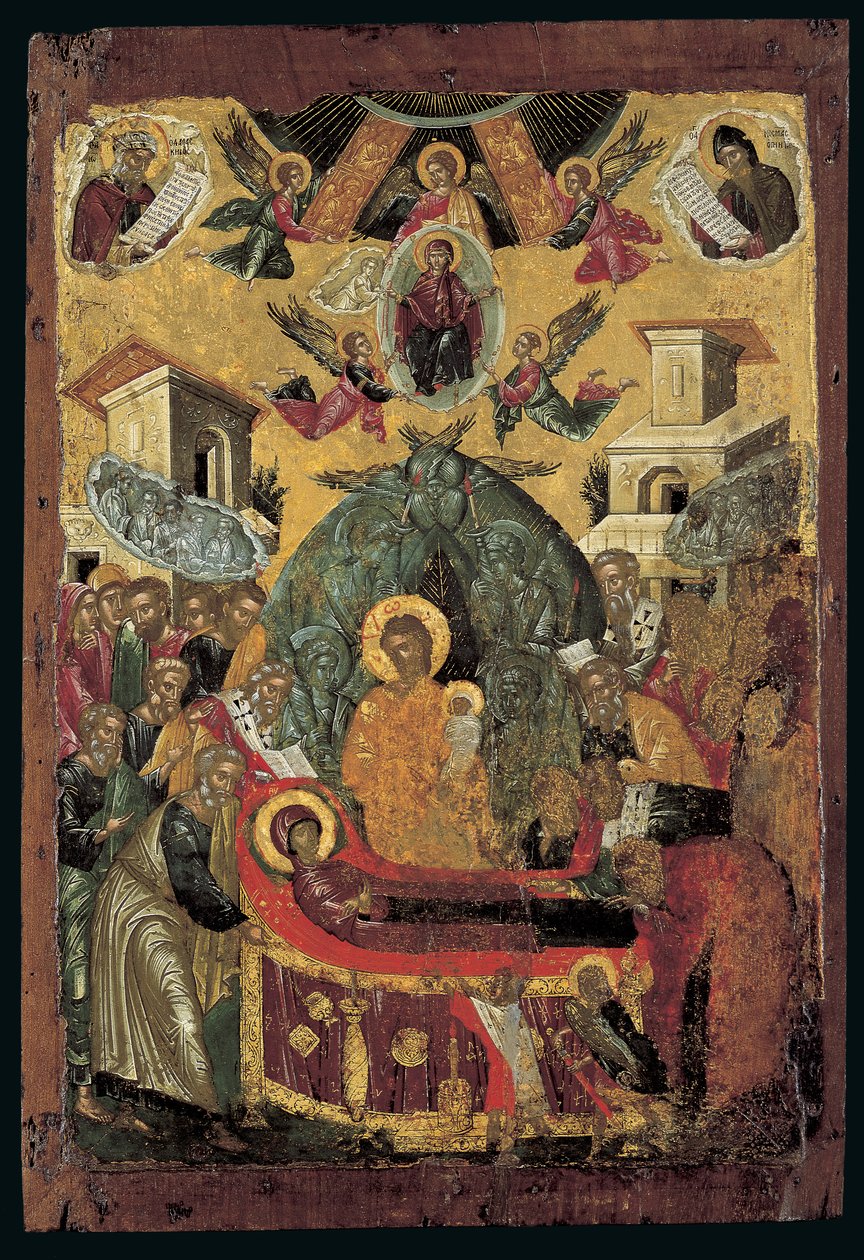 The Dormition of the Virgin (ægtempera på træ med kobber) af Cretan School
