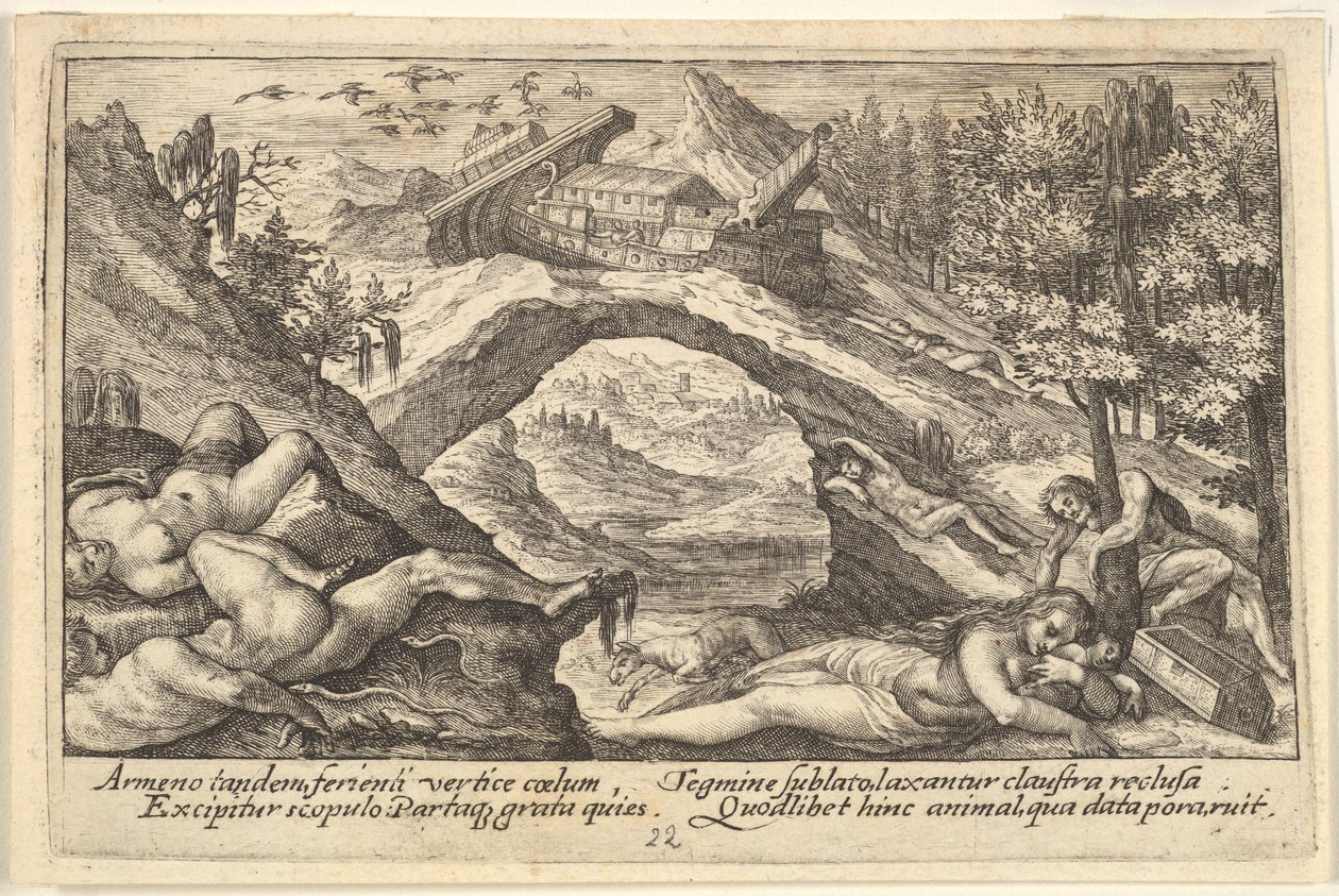 Eftervirkninger af syndfloden: menneskekroppe strøet på tørt land i forgrunden, Noahs ark hede..., 1612. af Crispijn de Passe I