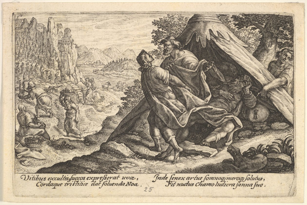 Noas drukkenskab: Sem og Jafet dækker Noas nøgne krop, som ligger i et telt, en ..., 1612. af Crispijn de Passe I