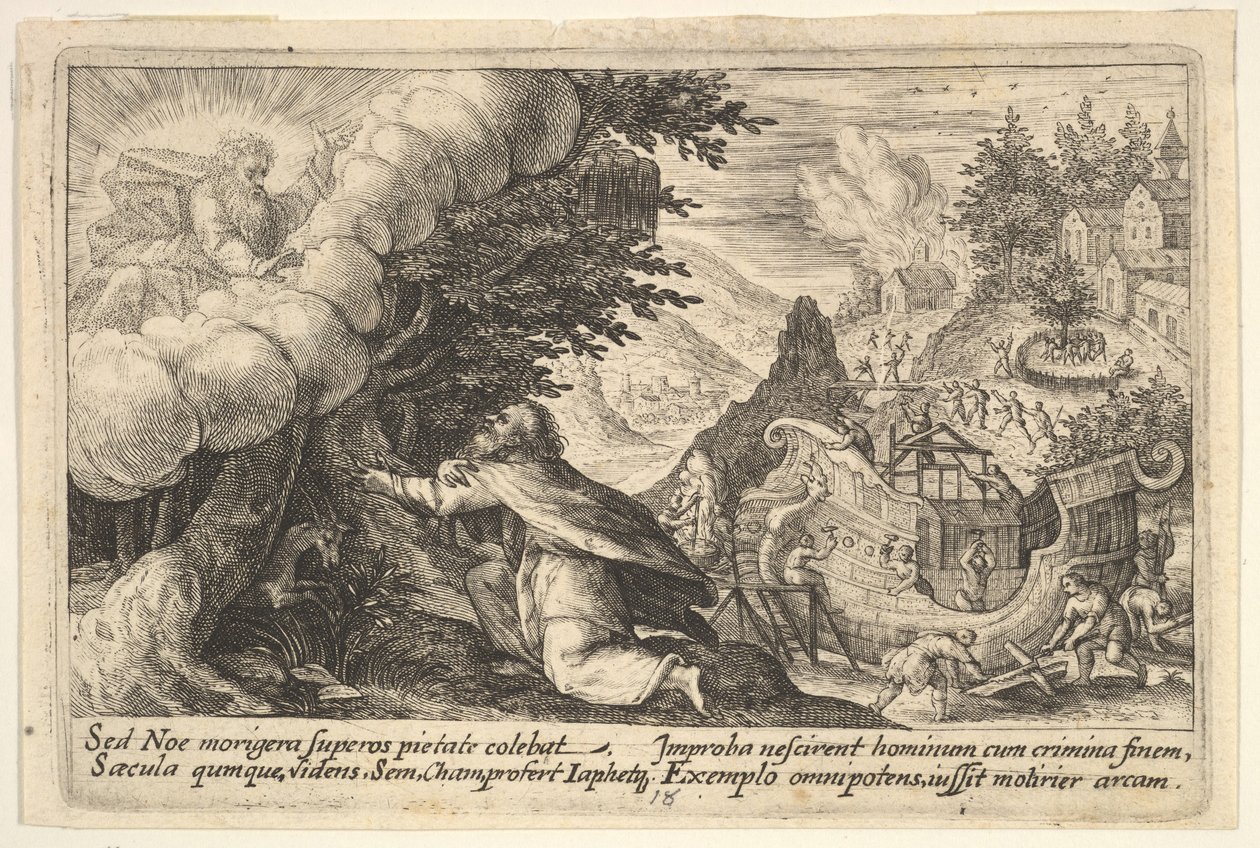 Noa knæler foran Gud til venstre, konstruktionen af arken i gang hinsides, fra en serie..., 1612. af Crispijn de Passe I