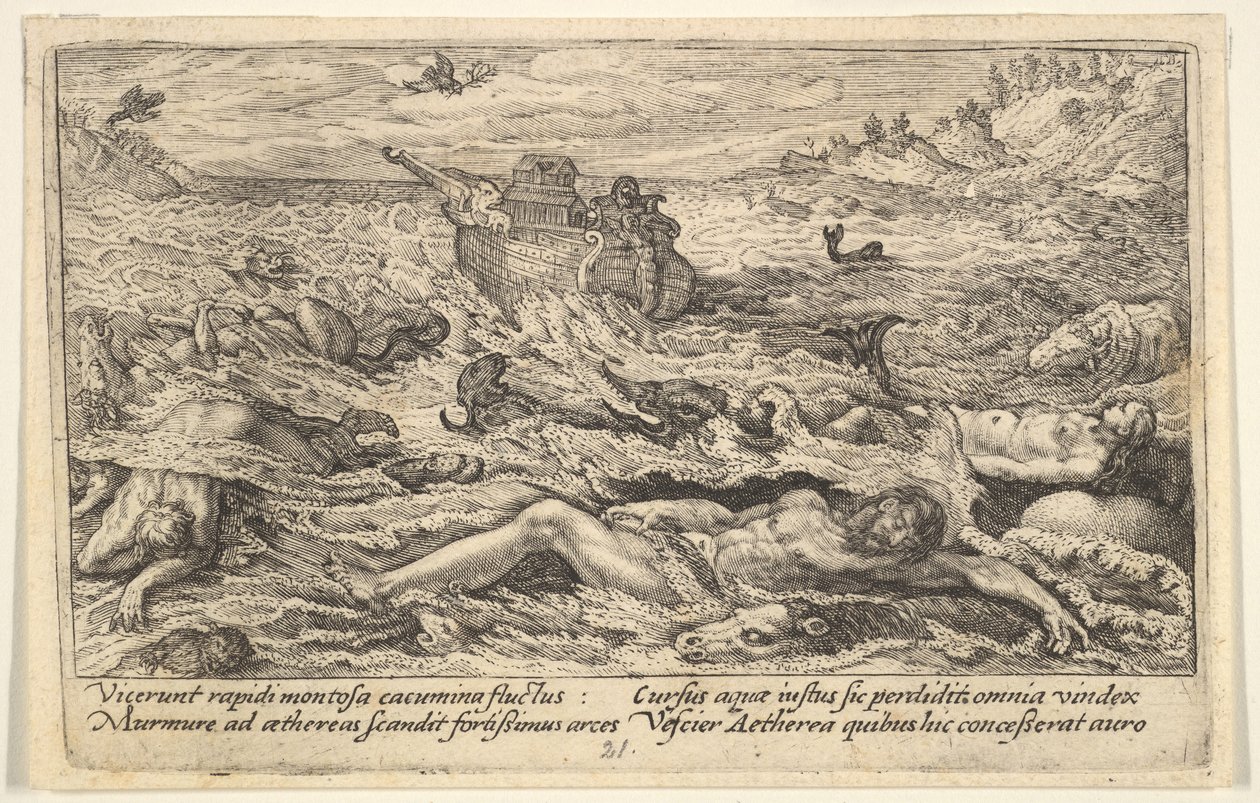 Syndfloden ødelægger livet på jorden: Lig af mennesker og dyr driver i forgrunden..., 1612. af Crispijn de Passe I