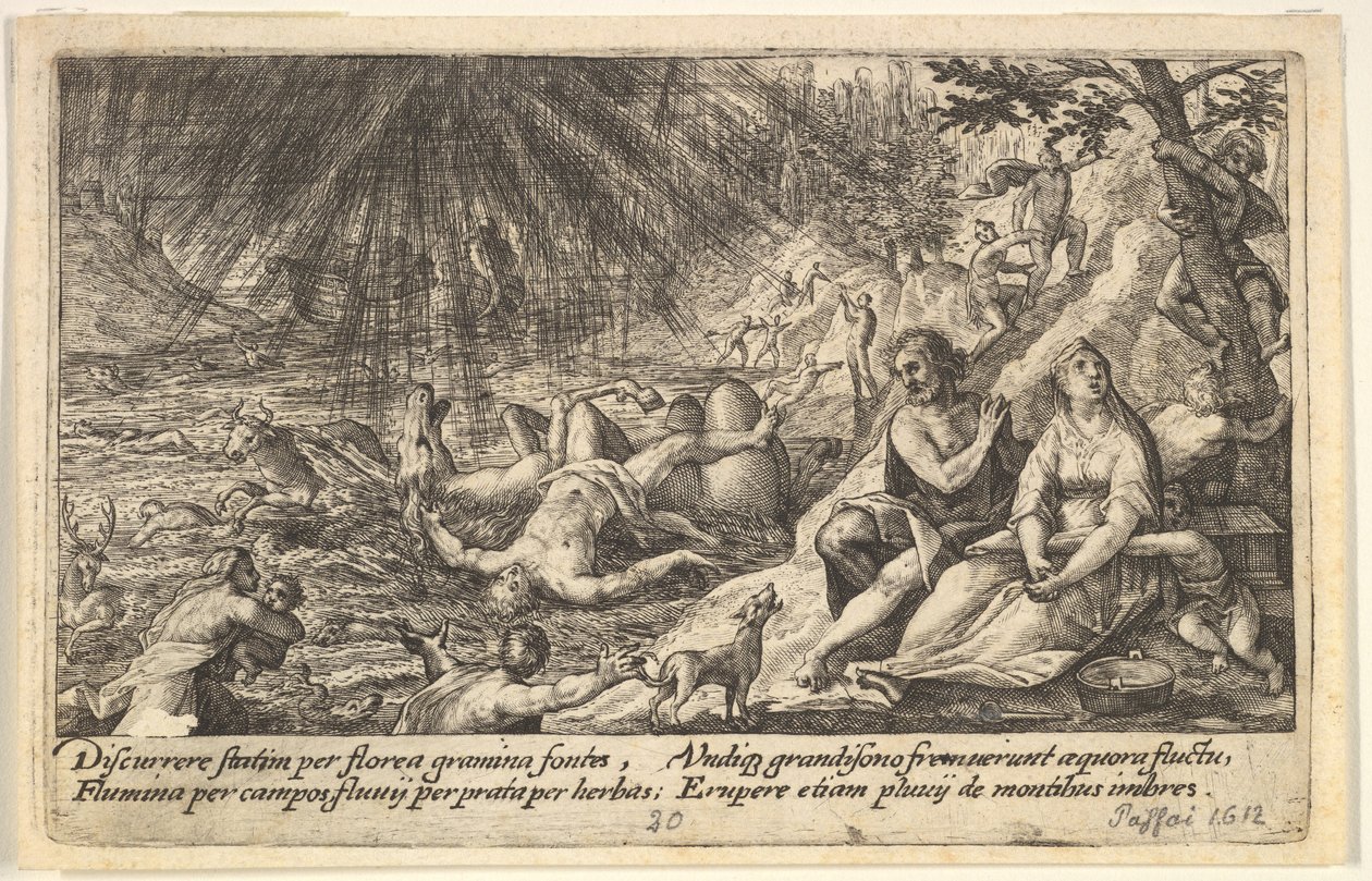 Begyndelsen af syndfloden: mænd og kvinder klatrer til højere terræn til højre, vandet overhaler..., 1612. af Crispijn de Passe I