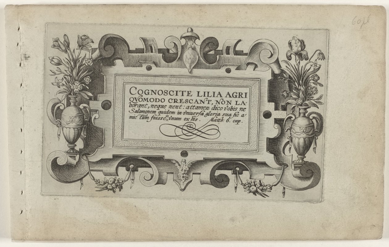 Titelblad og elleve aftryk af blomster, planter og frugter Cartouche med rulleramme til serien: Cognoscite lilia Cognoscite lilia (serietitel på objekt) af Crispijn van de Passe (I) (attributed to)