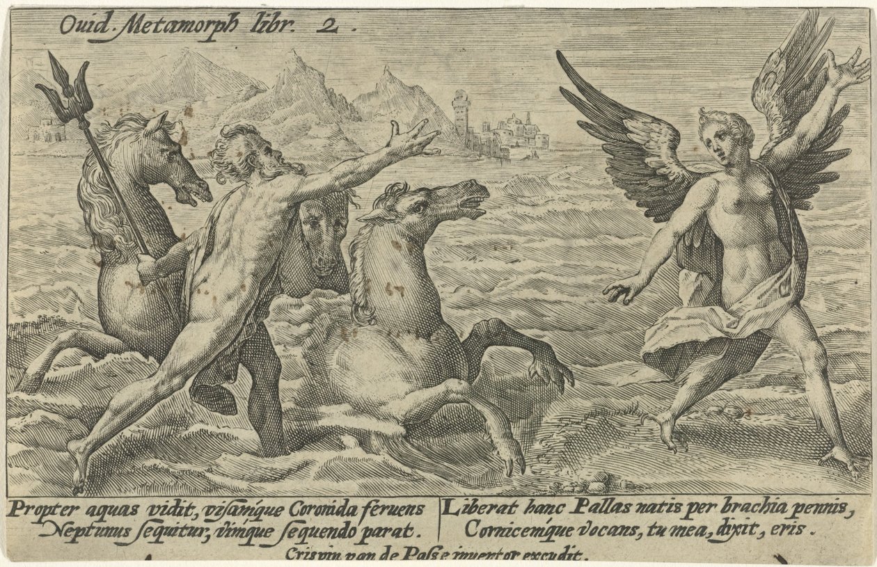 Neptun rækker ud efter Coronis Metamorphoses of Ovid (serietitel) af Crispijn van de Passe (I)