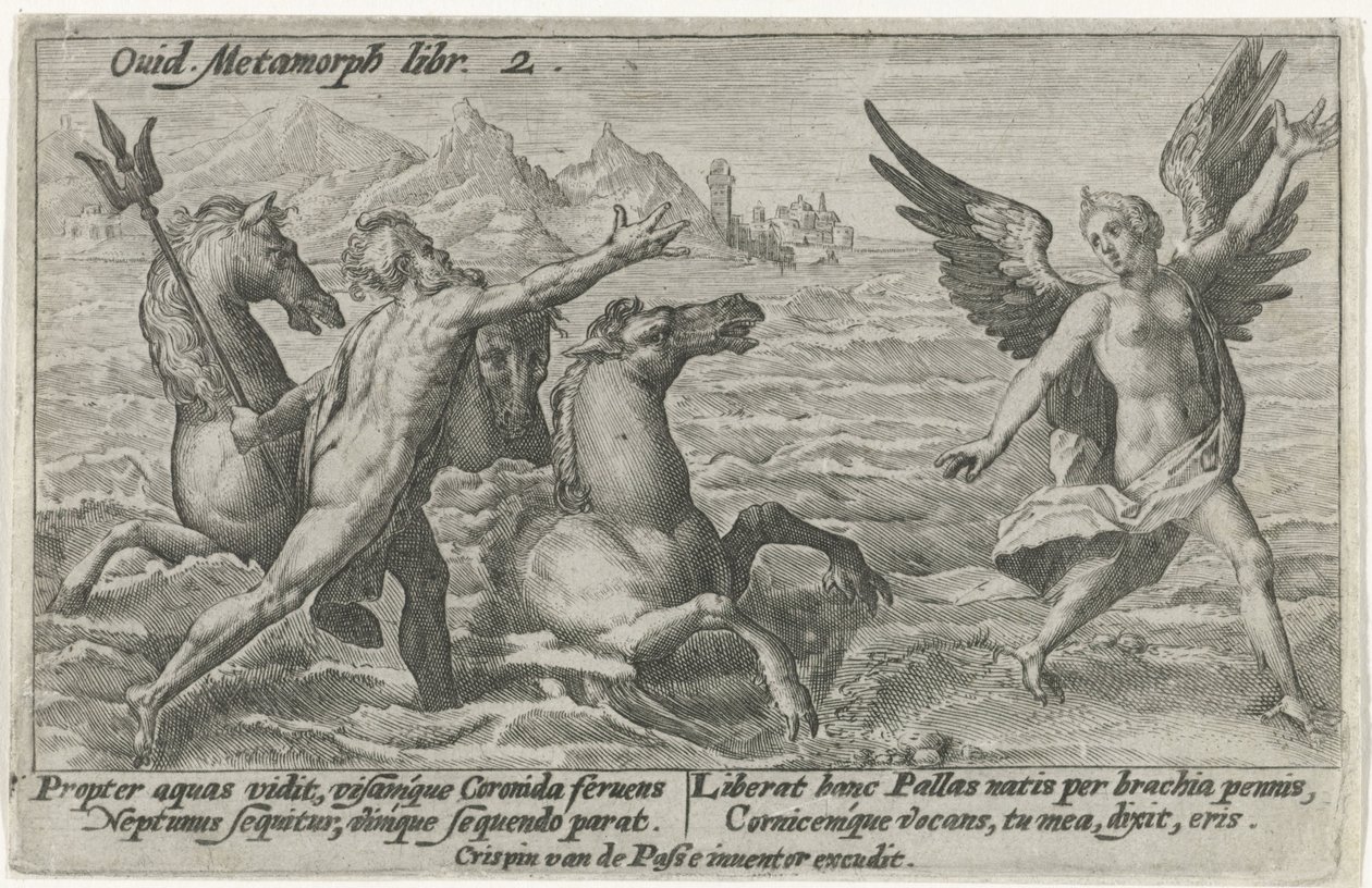 Neptun rækker ud efter Coronis Metamorphoses of Ovid (serietitel) af Crispijn van de Passe (I)