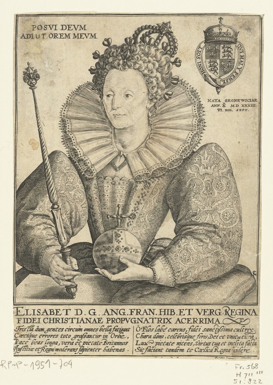 Portret van Elizabeth I Tudor, ten halfen lijve Posvi Devm Aiut Orem Mevm (titel på objekt) af Crispijn van de Passe (I)