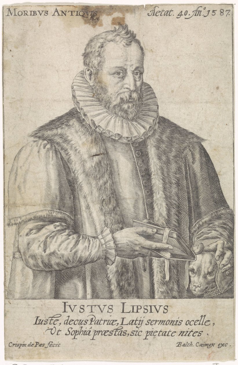 Portræt af Justus Lipsius Moribvs Antiqvis (titel på objekt) af Crispijn van de Passe (I)